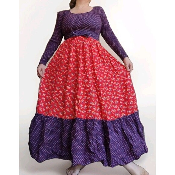Vintage 70s Denise Are There Prairie Floral Maxi Dress Blue & Red Ruffled  M / L - Picture 2 of 16